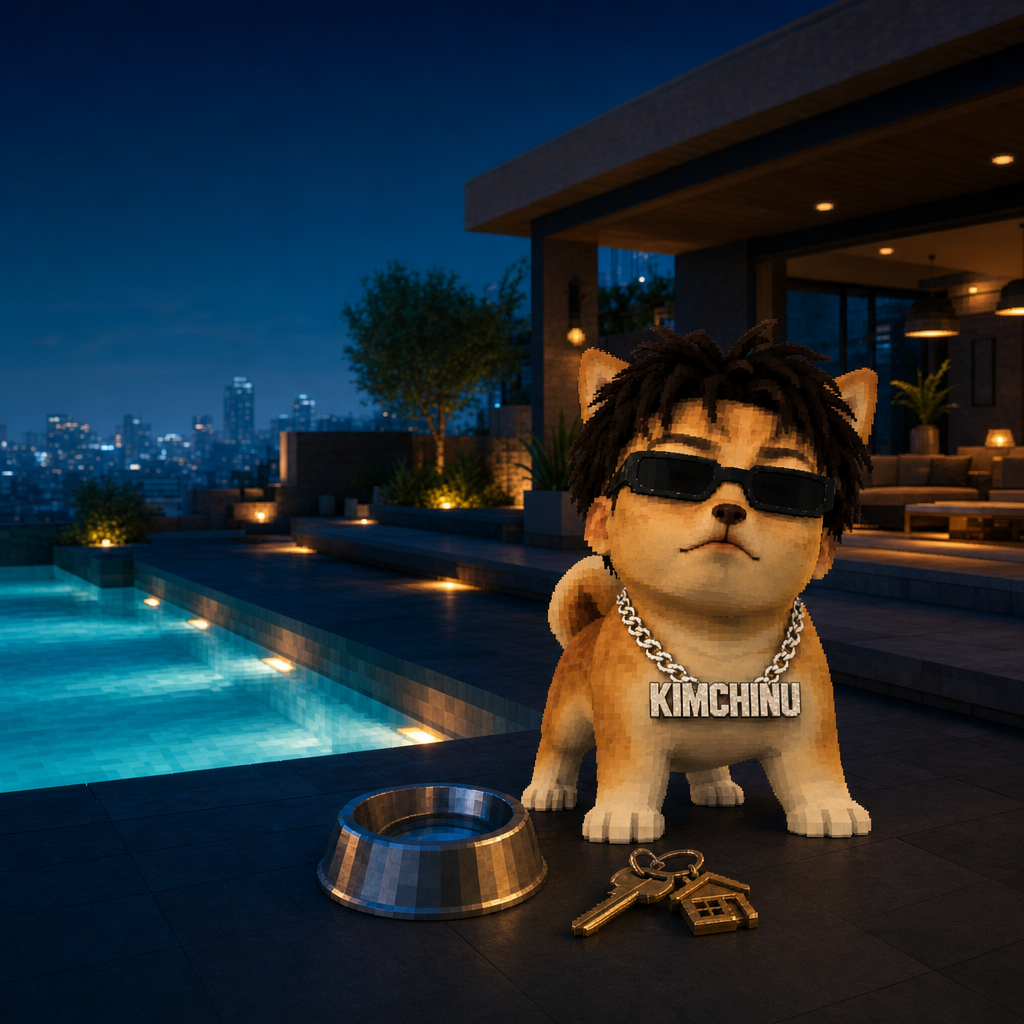 Kimchi Inu on a night rooftop terrace beside a glowing pool, a silver bowl and villa keys at his feet